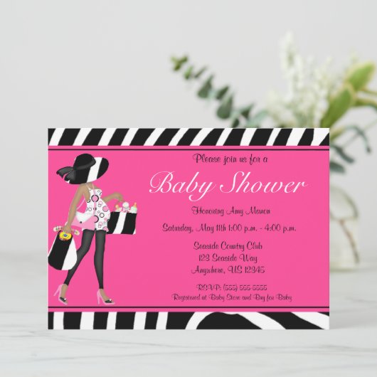 ピンクのシマウマのアフリカ系アメリカ人のベビーシャワーの招待 招待状 (スタンド正面)