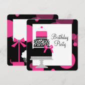 ピンクのシマウマのケーキ カップケーキ 誕生日パーティー 招待状 (正面/裏面)