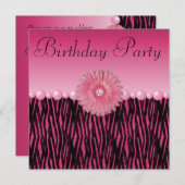 ピンクのシマウマのストライプな花及び真珠の誕生会 招待状 (正面/裏面)