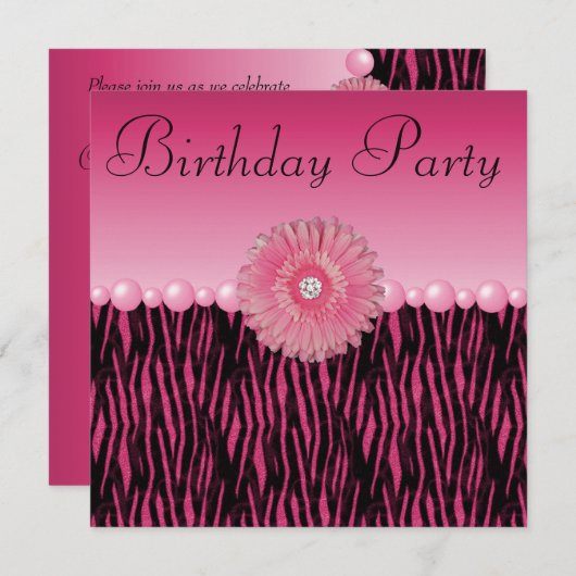 ピンクのシマウマのストライプな花及び真珠の誕生会 招待状 (正面/裏面)