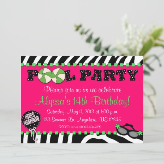 ピンクのシマウマのプールを囲んでのパーティの誕生日の招待状 招待状 (スタンド正面)