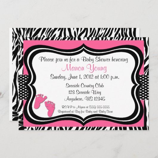 ピンクのシマウマのベビーの足のプリントのベビーシャワーの招待状 招待状 (正面/裏面)