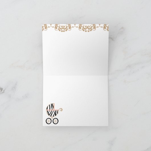 ピンクのシマウマの乳母車のシャワーはノート感謝していしています サンキューカード (内部)