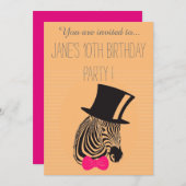 ピンクのシマウマの幼女またはツイーンの誕生日パーティー 招待状 (正面/裏面)