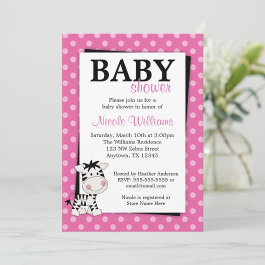 ピンクのシマウマの水玉模様のベビーシャワー招待状 招待状 (スタンド正面)