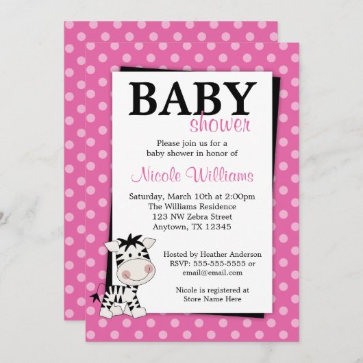 ピンクのシマウマの水玉模様のベビーシャワー招待状 招待状 (正面/裏面)