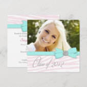 ピンクのシマウマ ティールブルーの写真 卒業発表 招待状 (正面/裏面)