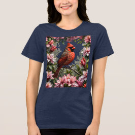 ピンクのシャクナゲの中のショウジョウコウカチョウ トライブレンドTシャツ