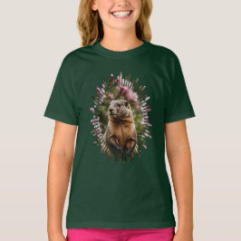 ピンクのシャクナゲの背景が可愛いマーモット Tシャツ