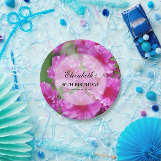 ピンクのシャクナゲの花の第80誕生日 ペーパープレート (パーティー)