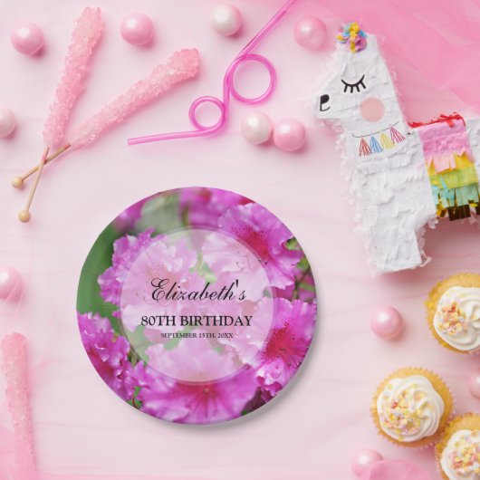 ピンクのシャクナゲの花の第80誕生日 ペーパープレート (パーティー)