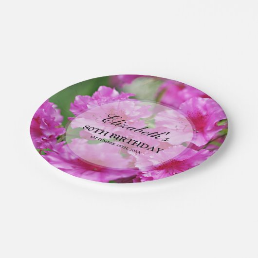 ピンクのシャクナゲの花の第80誕生日 ペーパープレート (アングル)