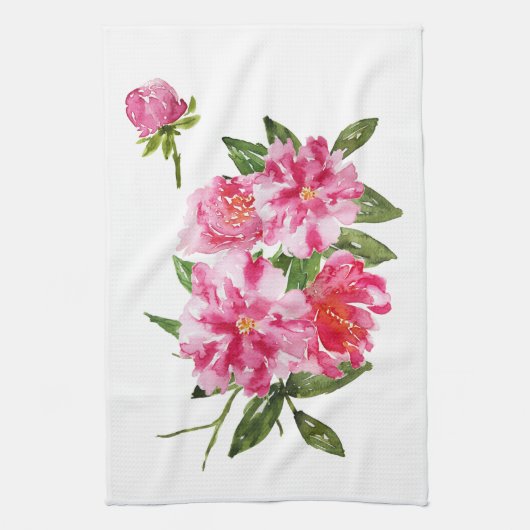 ピンクのシャクヤクのシャクヤクの水彩画の花のふきん キッチンタオル (縦)