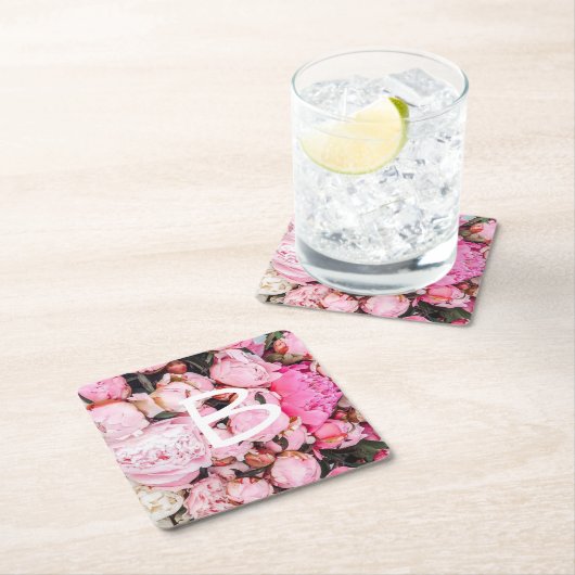 ピンクのシャクヤクのデザイン スクエアペーパーコースター (インサイチュ)