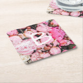 ピンクのシャクヤクのデザイン スクエアペーパーコースター (アングル)