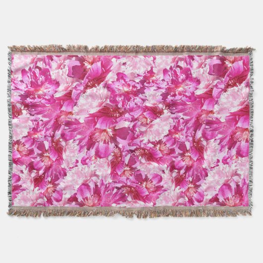 ピンクのシャクヤクの花のフリンジ毛布 スローブランケット (正面)