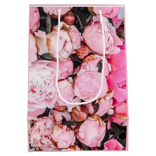 ピンクのシャクヤクの花柄 ミディアムペーパーバッグ (裏面)