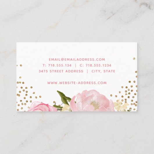 ピンクのシャクヤクの金ゴールドの紙吹雪の名刺 名刺 (裏面)