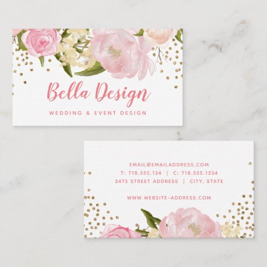 ピンクのシャクヤクの金ゴールドの紙吹雪の名刺 名刺 (正面/裏面)