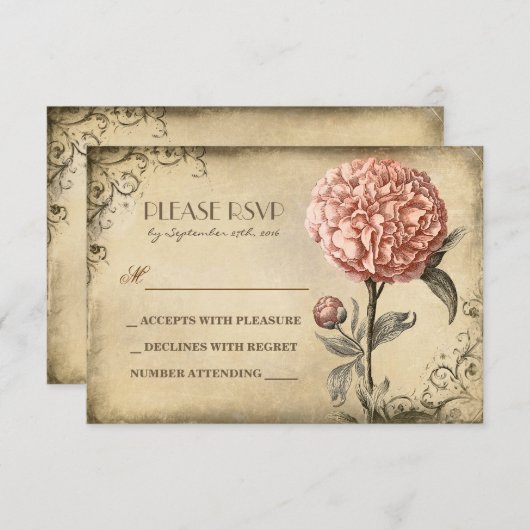 ピンクのシャクヤクの開花が付いている古い結婚RSVPカード 出欠カード (正面/裏面)