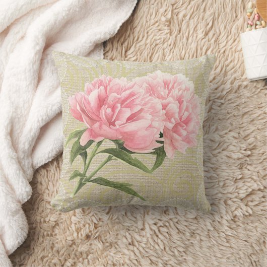 ピンクのシャクヤク及びレースの花のヴィンテージの枕 クッション (ブランケット)