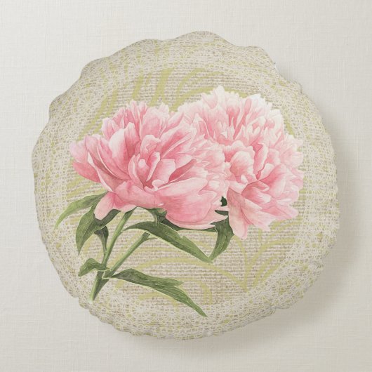 ピンクのシャクヤク及びレースの花のヴィンテージの枕 ラウンドクッション (裏面)