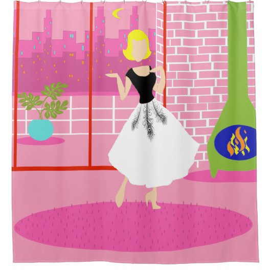 ピンクのシャワー・カーテンのレトロ シャワーカーテン (正面)