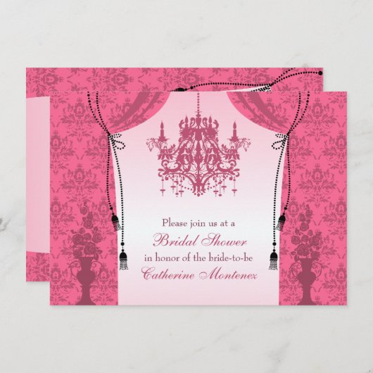 ピンクのシャンデリアおよびダマスク織のカーテンのブライダルシャワー 招待状 (正面/裏面)
