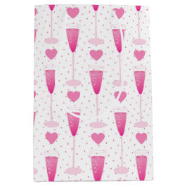 ピンクのシャンパンとハートの可愛いグラス ミディアムペーパーバッグ