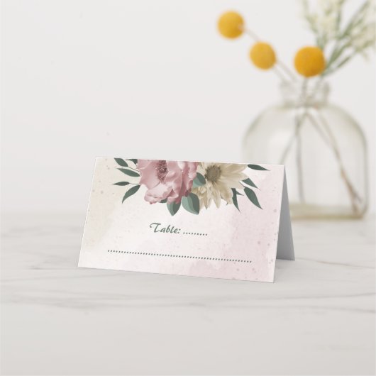 ピンクのシャンパンの花の植物性結婚の プレイスカード (正面)