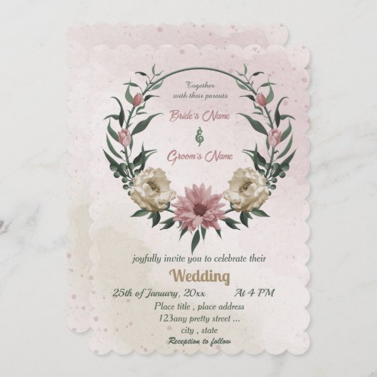 ピンクのシャンパンの花の植物性結婚の 招待状 (正面/裏面)