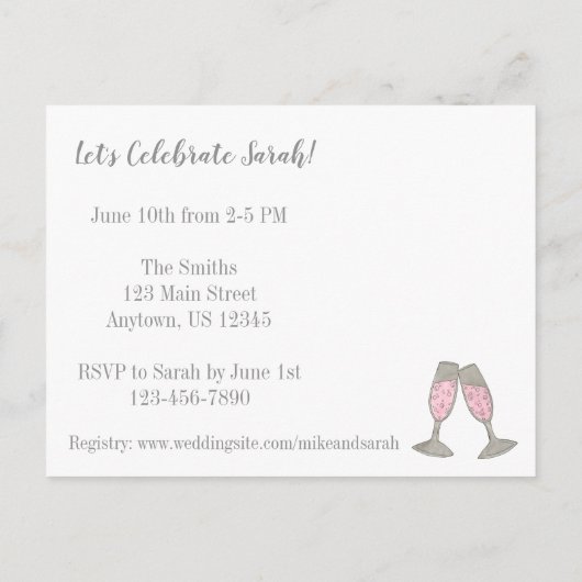ピンクのシャンパングラス  ブライズシャワーへようこそ インビテーションポストカード (裏面)