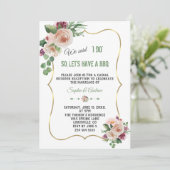 ピンクのシャンパンフラワーズ結婚金ゴールドのI DO BBQ 招待状 (スタンド正面)