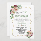 ピンクのシャンパンフラワーズ結婚金ゴールドのI DO BBQ 招待状 (正面/裏面)