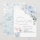 ピンクのシャンパンブランチ バブル ダスティーブルーのバラ 招待状 (正面/裏面)