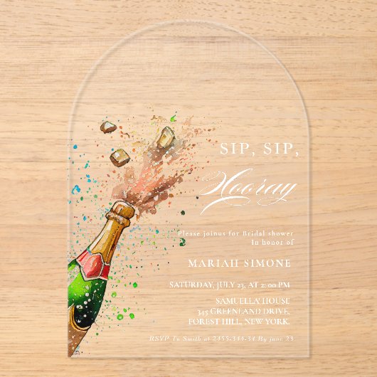ピンクのシャンパンボトルで乾杯! ブライズシャワー アクリル招待状 (正面)