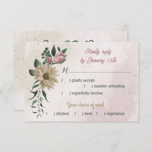 ピンクのシャンパン花の植物性の食事の選択 出欠カード (正面/裏面)