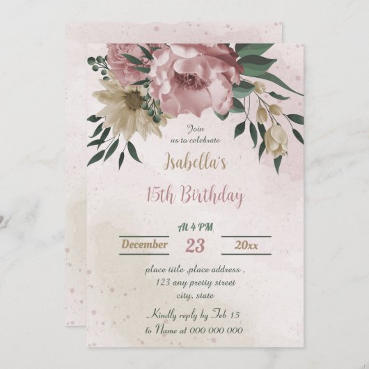 ピンクのシャンパン花の植物誕生日 招待状 (正面/裏面)