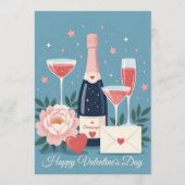 ピンクのシャンパン ハート ロマンチック バレンタインデー シーズンカード (正面)