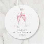 ピンクのシャンパン パーソナライズされた ブライダルシャワー フェイバータグ (正面)