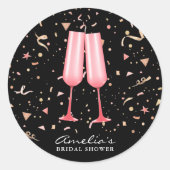 ピンクのシャンパン ブライダルシャワー クラシック ラウンド ステッカー (正面)