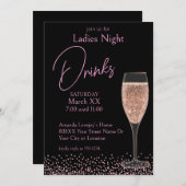 ピンクのシャンパン　ブラックレディースナイトの飲み物 招待状 (正面/裏面)