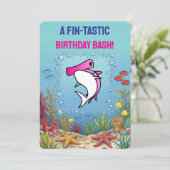 ピンクのシュモクザメ Fin-tastic ガールズバースデー 招待状 (スタンド正面)