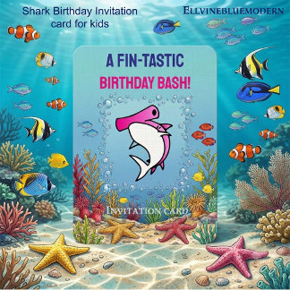 ピンクのシュモクザメ Fin-tastic ガールズバースデー 招待状