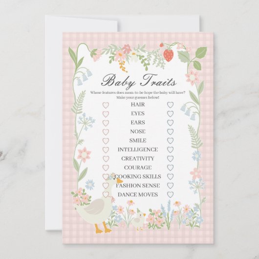 ピンクのシリー・グース・フローラル・ギンガム・ベイビー・トレイツ・ゲーム 招待状 (正面)