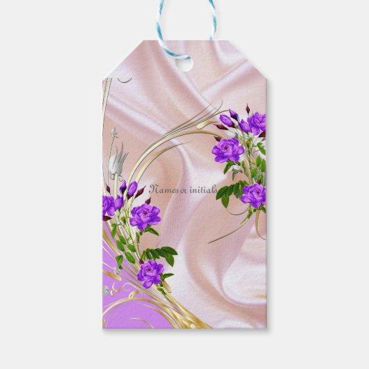 ピンクのシルクの紫がかった水色のバラ ギフトタグ (正面)