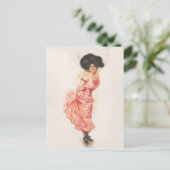 ピンクのシルクドレスのコケットのブルネット女性 ポストカード (スタンド正面)
