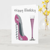 ピンクのシルバースパークルコルク抜きスティレット カード (黄色い花)