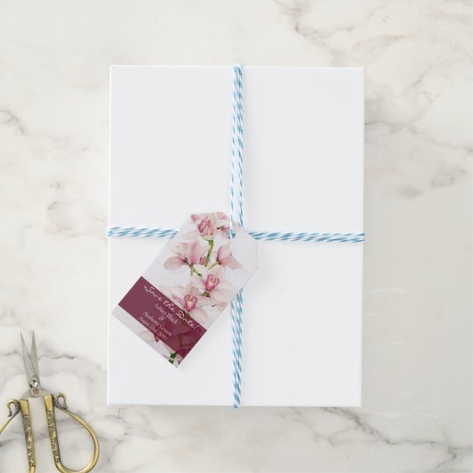 ピンクのシンビジウムオーキッド写真結婚式の日付を保存 ギフトタグ (より糸付き)