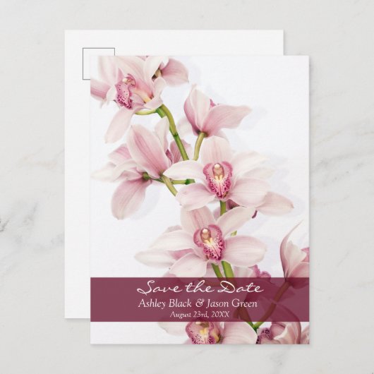 ピンクのシンビジウムオーキッド結婚式の日付を保存 案内ポストカード (正面/裏面)